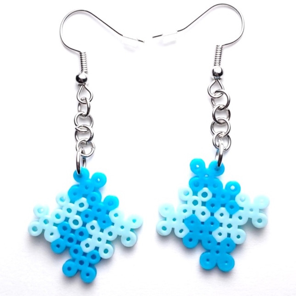 Handmade Mini Perler Bead Blue Puzzle Piece Earrings. New